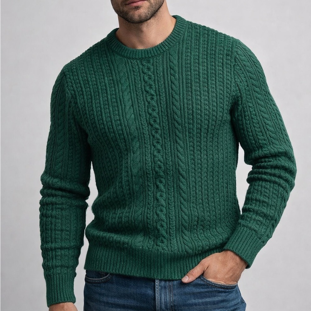 J. Crew Green Cotton Cable Knit Crew Neck Sweater Mens Large